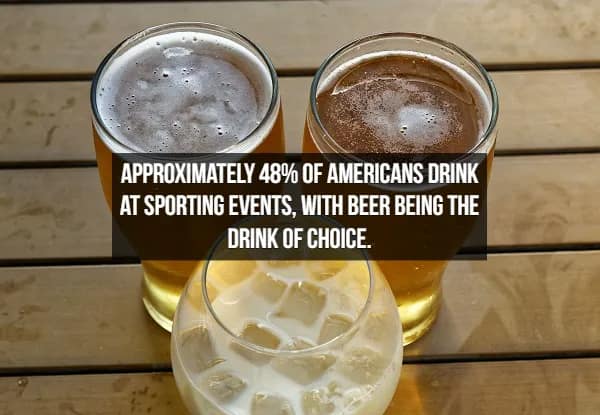 Three glasses—two amber beers and one milky cocktail—sit on a wooden deck. The text shares a modern cultural beer fact: "Approximately 48% of Americans drink at sporting events, with beer being the drink of choice."