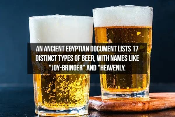 Two tall glasses of golden lager sparkle against a moody black background. The text unearths an ancient beer fact: "An ancient Egyptian document lists 17 distinct types of beer, with names like 'joy-bringer' and 'heavenly.'"