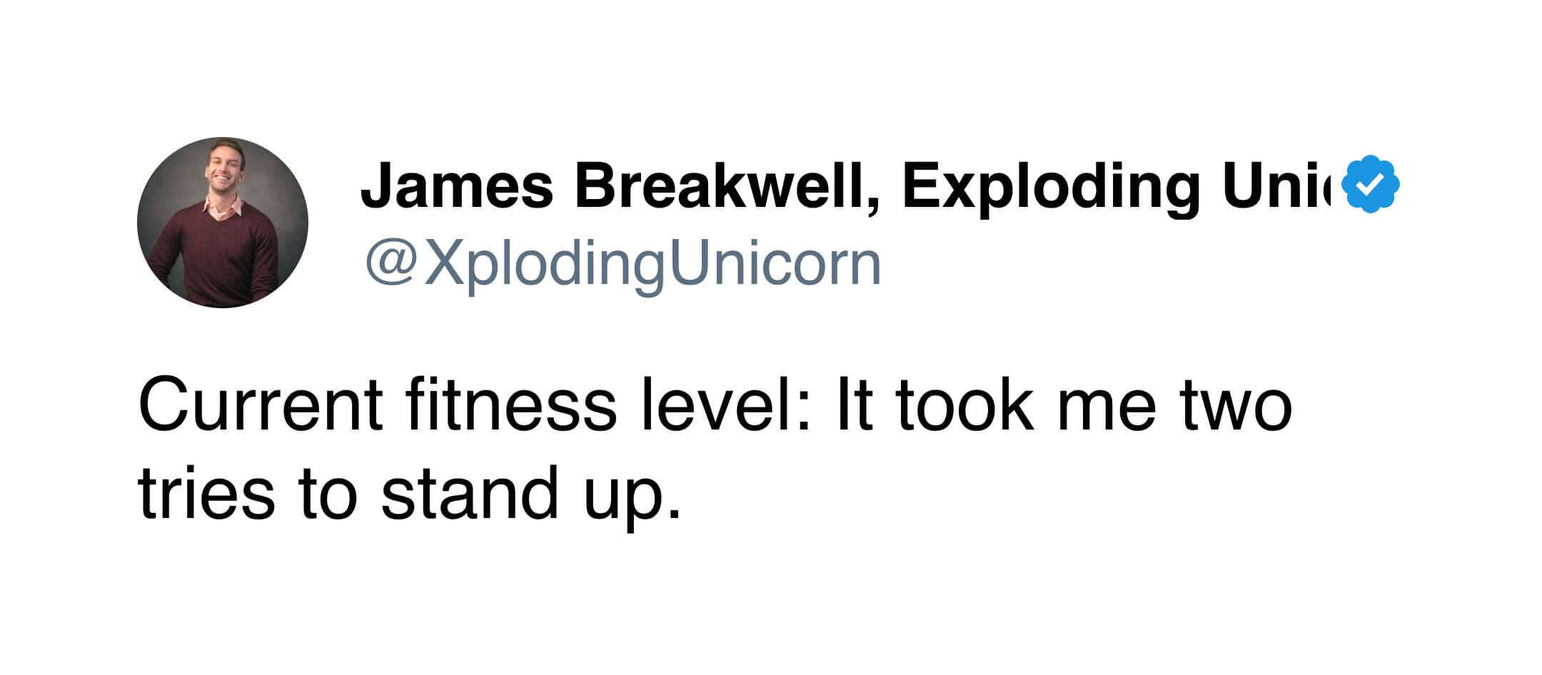 James Breakwell tweet defining his current fitness level as taking two tries to stand up.