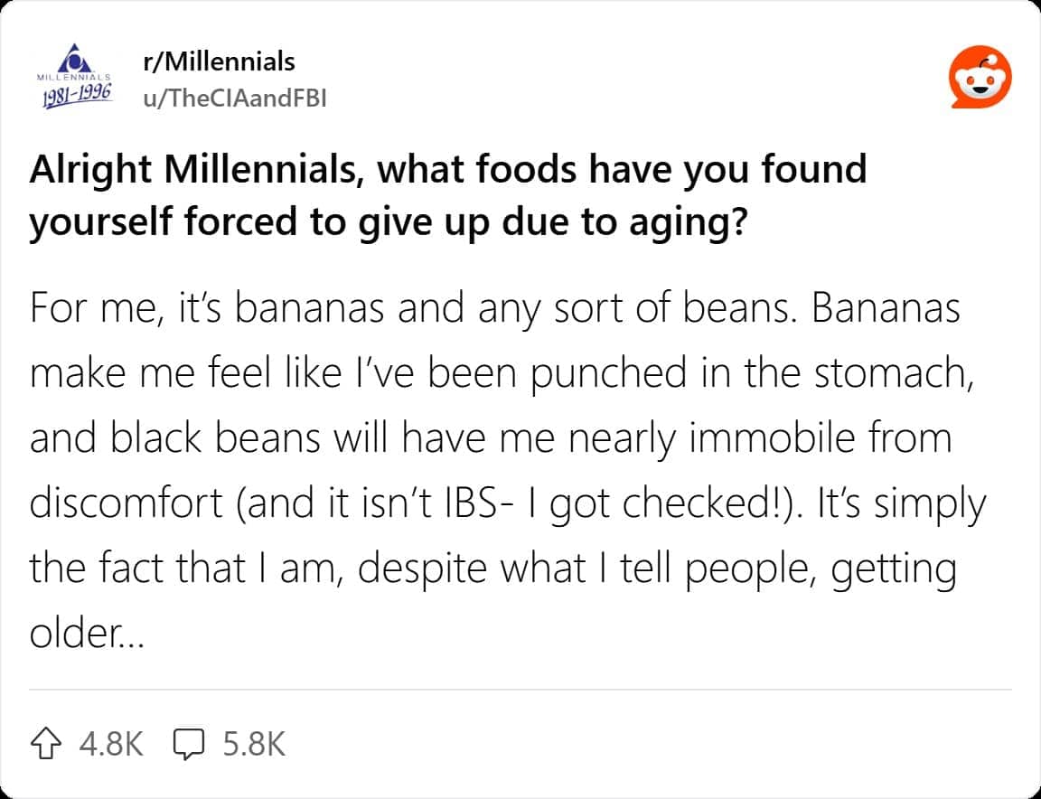 Reddit r/Millennials post asking what foods millennials gave up due to aging bananas beans