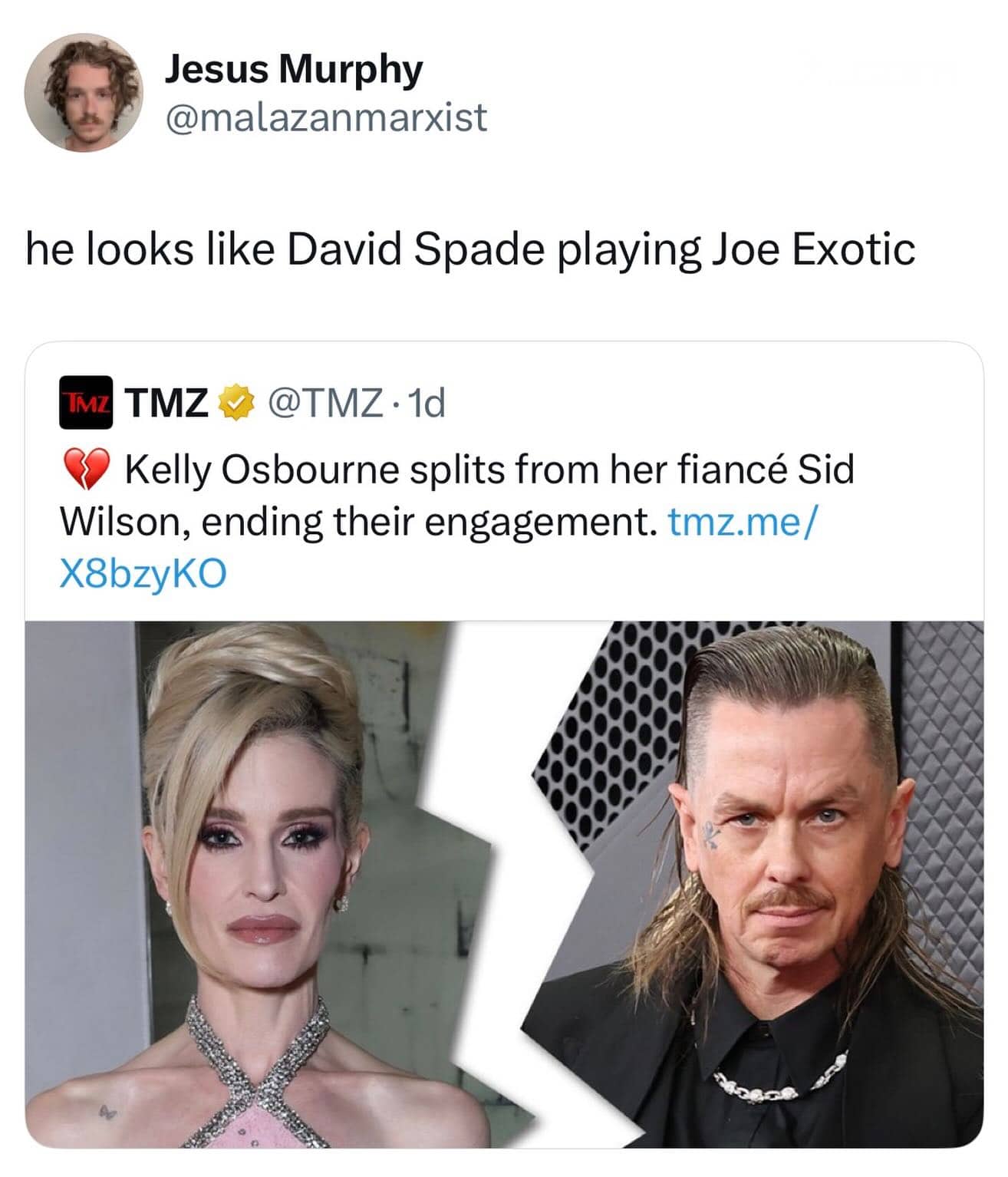 A celebrity news report about Kelly Osbourne and Sid Wilson with a David Spade joke.