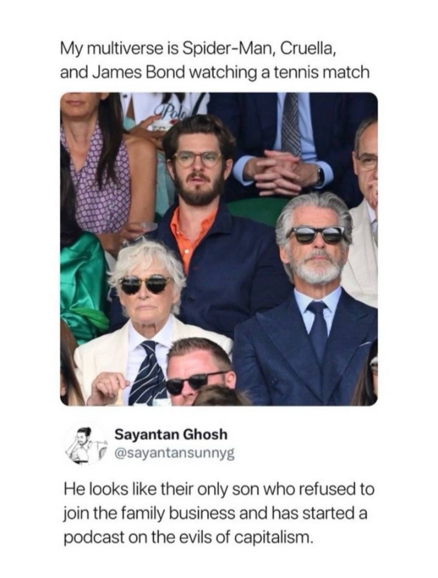 Andrew Garfield, Glenn Close, and Pierce Brosnan sitting together at a tennis match with funny commentary.