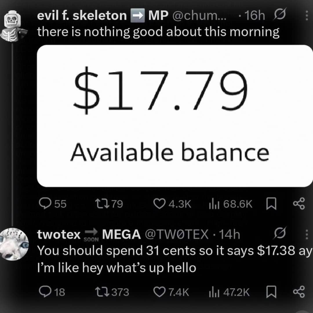 Bank account balance of $17.79 with a funny Twitter reply referencing Fetty Wap's song lyrics.