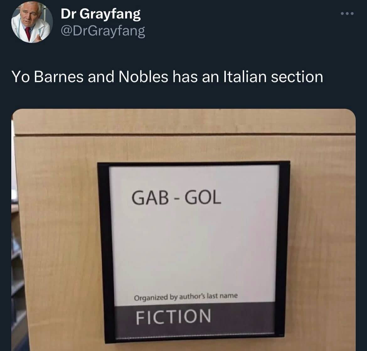 Library shelf label for fiction books by authors GAB through GOL, jokingly called the Italian section.