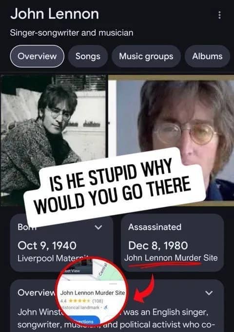 John Lennon's Google search results showing the murder site listed as a historical landmark with funny commentary.