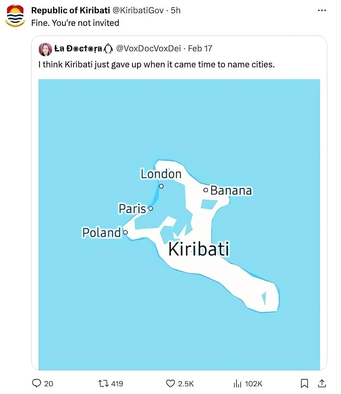 A map of Kiribati cities showing odd names like London, Paris, Poland, and Banana.