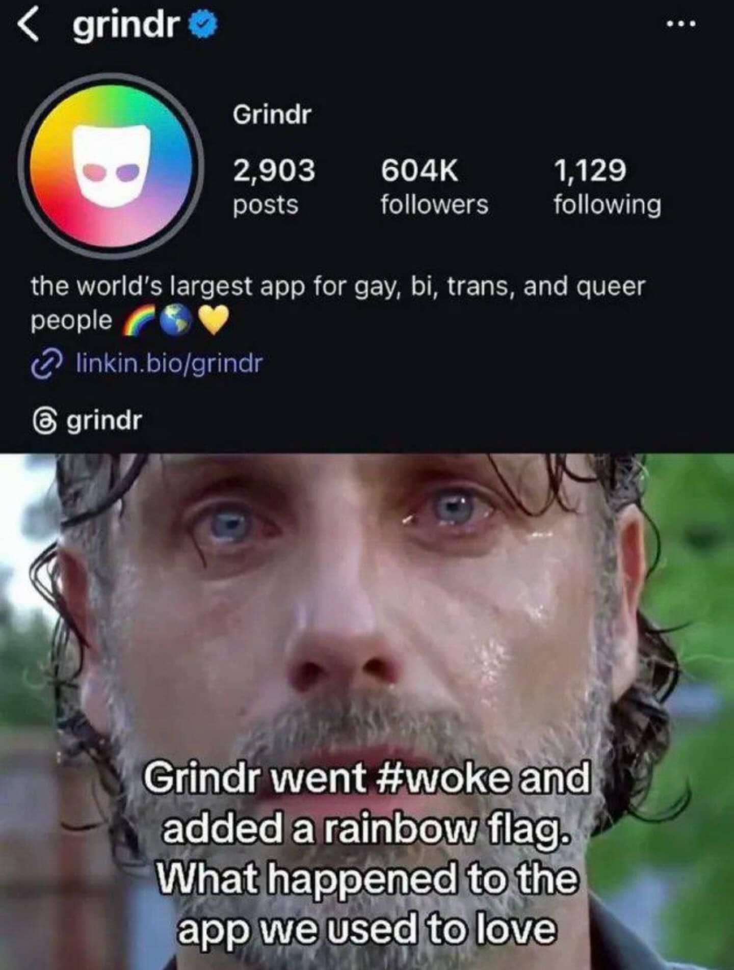 A meme showing the Grindr profile and Rick Grimes crying about the app going woke.