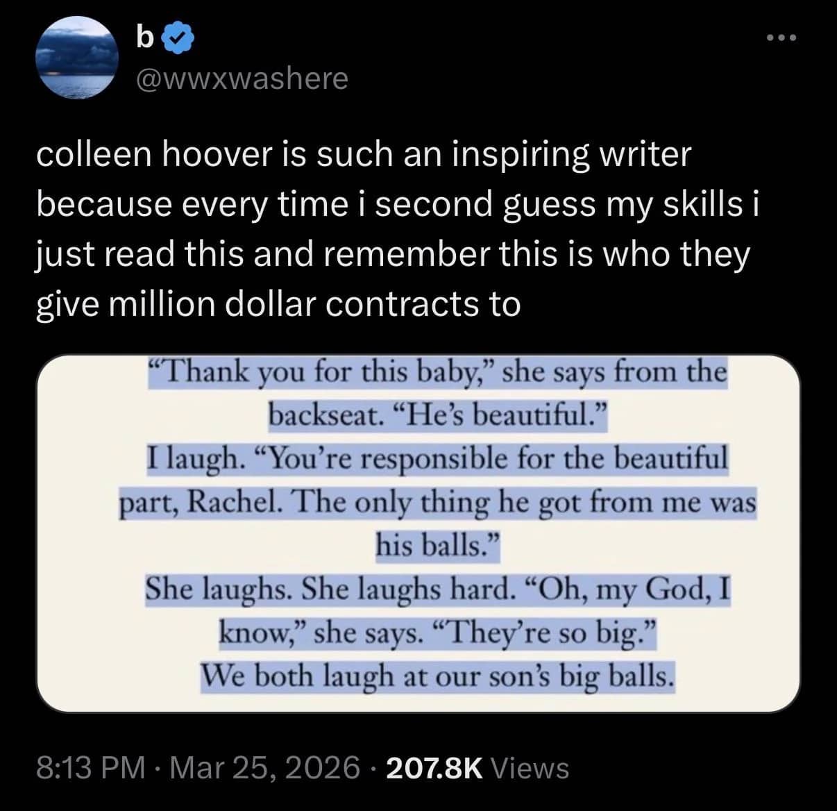 Funny tweet mocking Colleen Hoover writing quality by sharing unintentionally absurd book passage