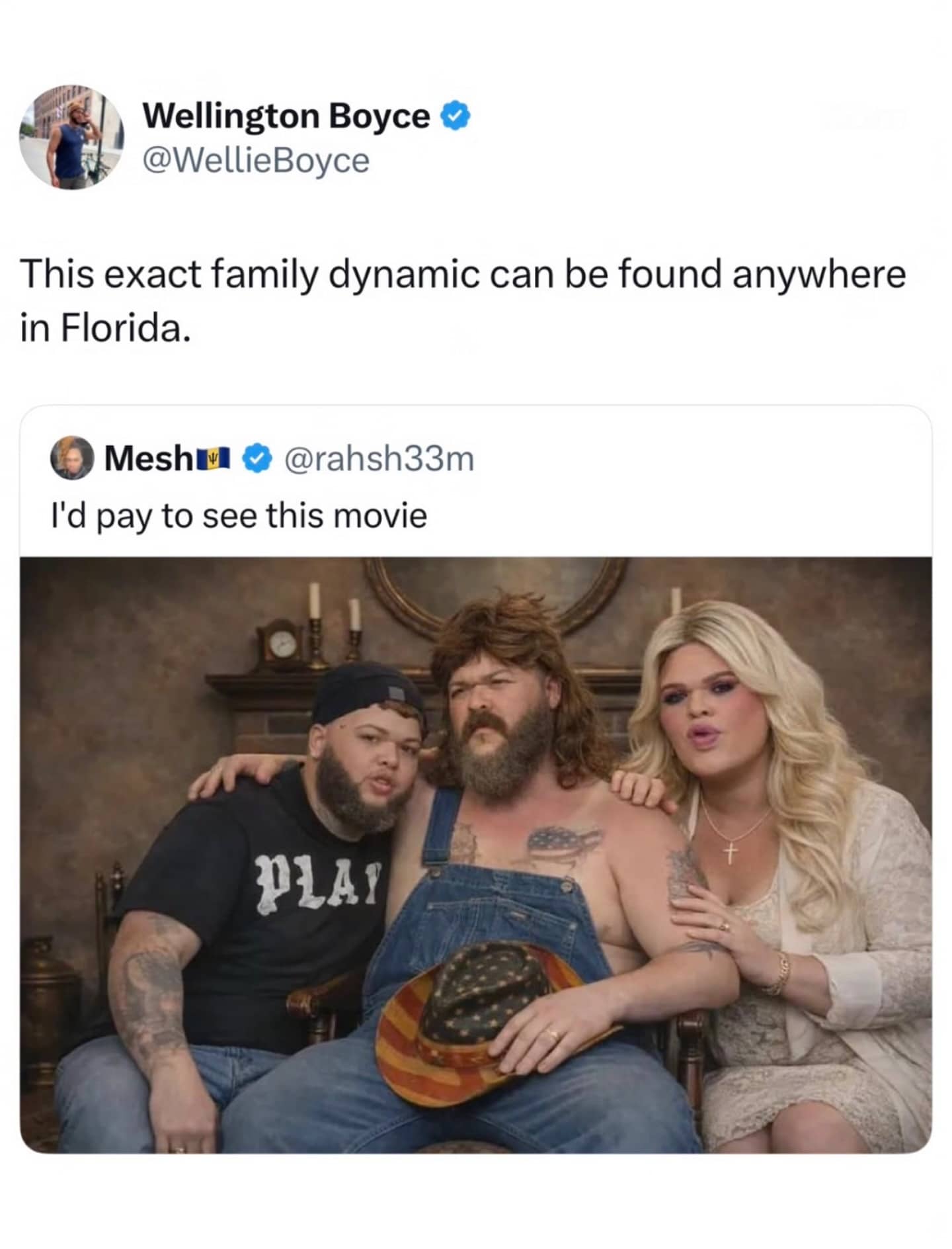 Meme showcasing a stereotypical Florida family dynamic with a bearded man in overalls and tattooed relatives.