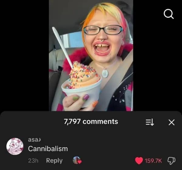 TikTok comment section roasting ice cream video with single word reply "Cannibalism"