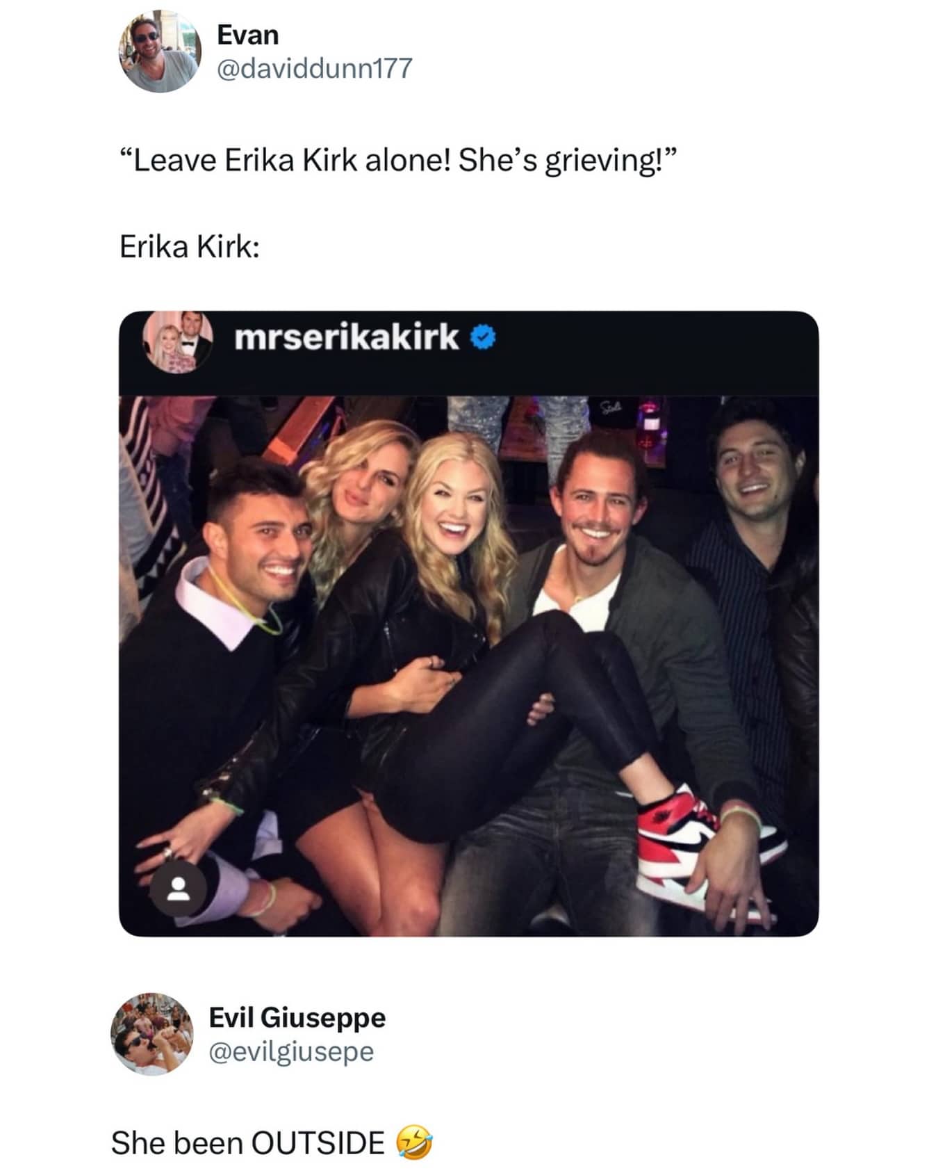 Funny memes post showing Erika Kirk smiling at a party despite claims that she is grieving.