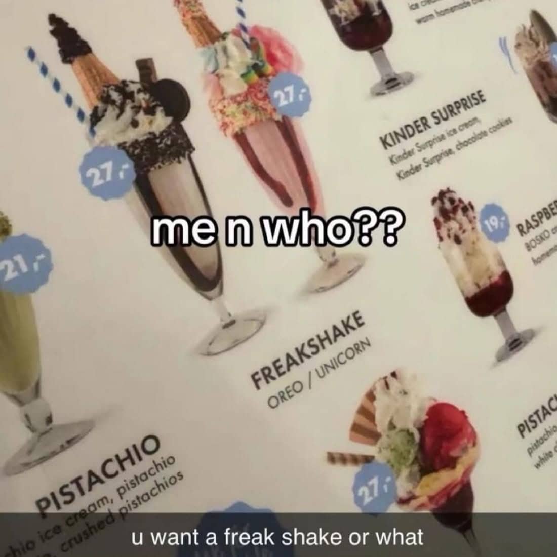 Menu featuring Oreo and Unicorn freakshakes with toppings and colorful decorations for funny milkshakes gallery.