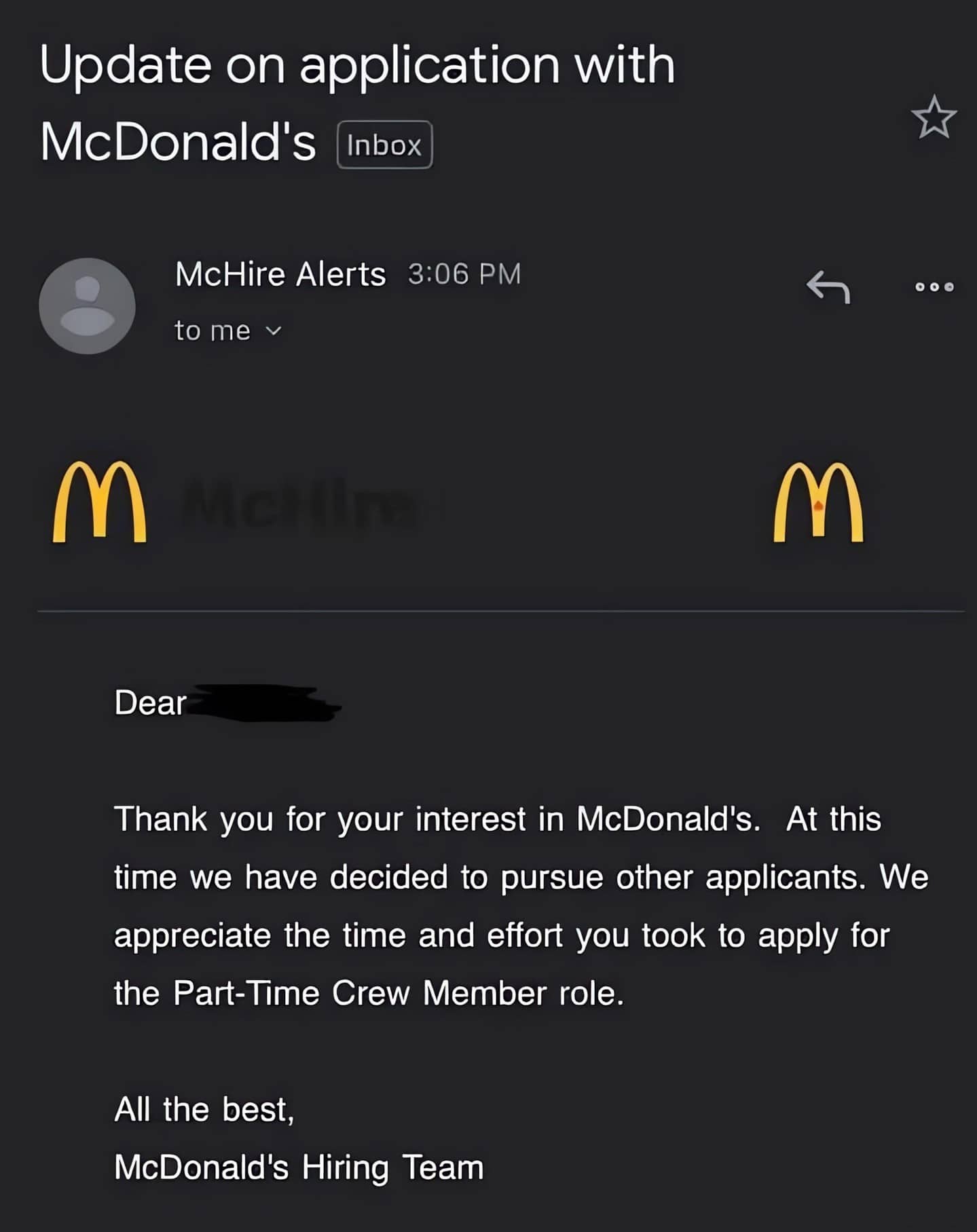 A screenshot of a rejection email from McDonald's for a part-time crew member position.
