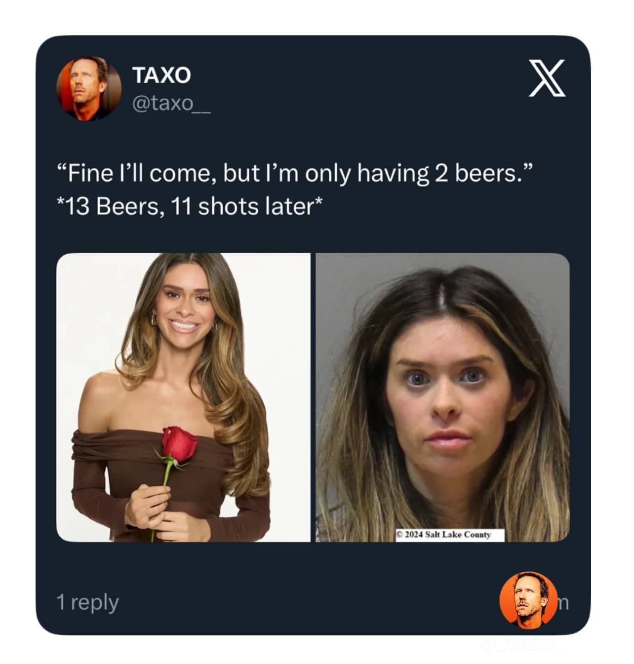 A meme comparing a woman’s glamorous rose photo to her disheveled salt lake county mugshot.