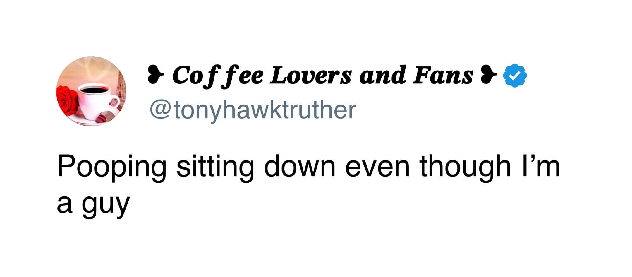 subverted-logic funny tweet by @tonyhawktruther that mocks gendered bathroom expectations by stating: "Pooping sitting down even though I’m a guy."