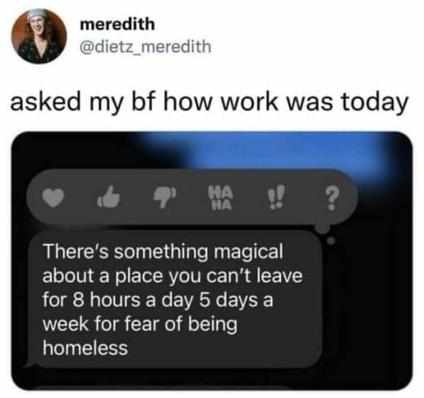 Tweet by @dietz_meredith showing text about staying in jobs out of fear of homelessness