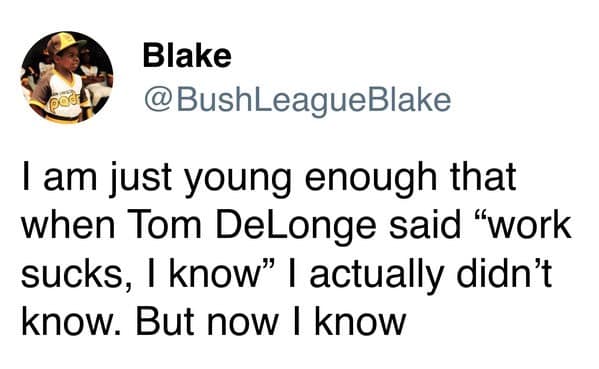Tweet by @BushLeagueBlake about finally understanding Blink-182’s “work sucks” lyric