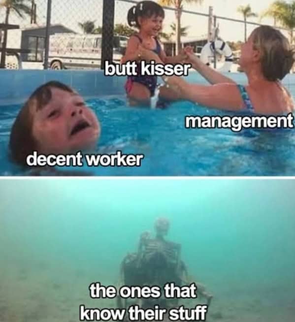 Meme comparing workplace recognition levels with pool kids and skeleton underwater