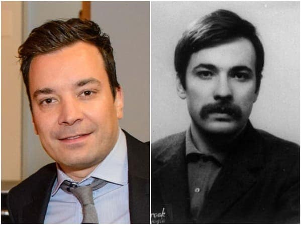 historical celebrity doppelganger comparison featuring late-night host Jimmy Fallon and Turkish revolutionary Mahir Çayan, who share nearly identical facial structures and intense eyes.