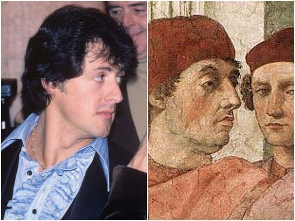 A historical celebrity doppelganger reveal showing actor Sylvester Stallone next to a 16th-century Vatican fresco by Raphael, featuring a background character with his unmistakable profile.