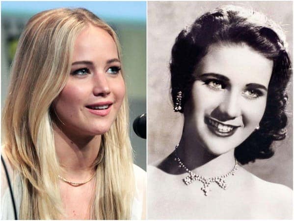 A stunning historical celebrity doppelganger image featuring actress Jennifer Lawrence alongside Egyptian movie star Zubaida Tharwat, showcasing their identical eye shape and radiant smiles.