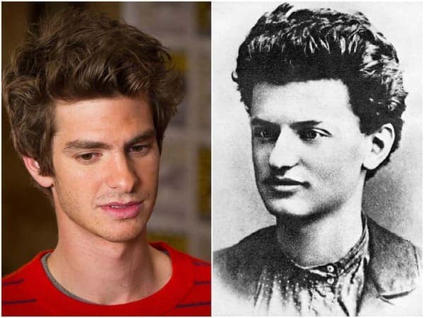 historical celebrity doppelganger reveal of actor Andrew Garfield next to a young Leon Trotsky, capturing their shared wild, curly hair and focused facial expressions.