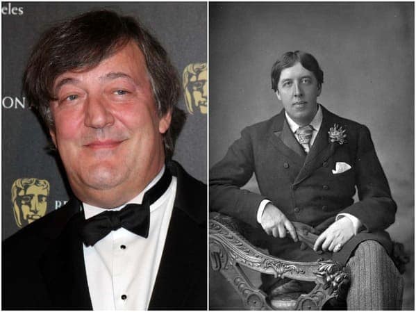 historical celebrity doppelganger comparison between British icon Stephen Fry and playwright Oscar Wilde, whose round faces and hairstyles make them look like twins born centuries apart.