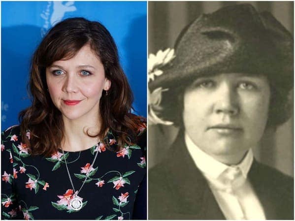 matching historical celebrity doppelganger pairing of actress Maggie Gyllenhaal and journalist Rose Wilder Lane, highlighting their strikingly similar soulful eyes and facial contours.
