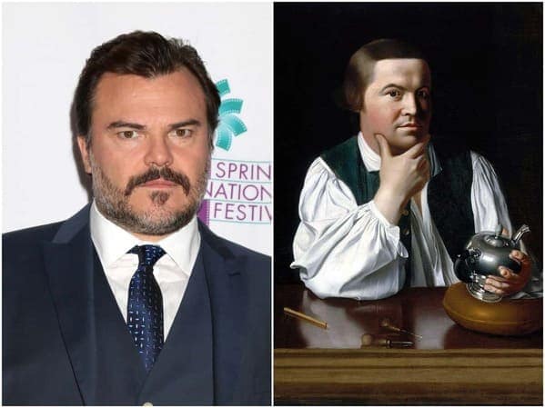 A historical celebrity doppelganger split showing actor Jack Black and a famous oil painting of American silversmith Paul Revere, both sharing the same round face and pensive hand-to-chin pose.