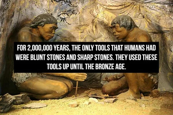 museum diorama showing early humans working with primitive stone implements, detailing a historical fact that for 2 million years, humans relied solely on blunt and sharp stones until the dawn of the Bronze Age.