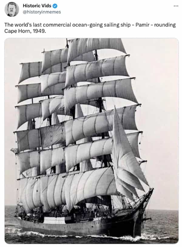 The world's last commercial ocean-going sailing ship - Pamir - rounding Cape Horn, 1949.