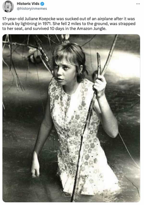 17-year-old Juliane Koepcke was sucked out of an airplane after it was struck by lightning in 1971. She fell 2 miles to the ground, was strapped to her seat, and survived 10 days in the Amazon Jungle.