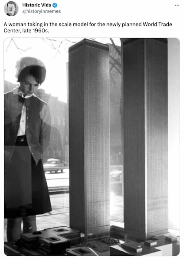 A woman taking in the scale model for the newly planned World Trade Center, late 1960s.
