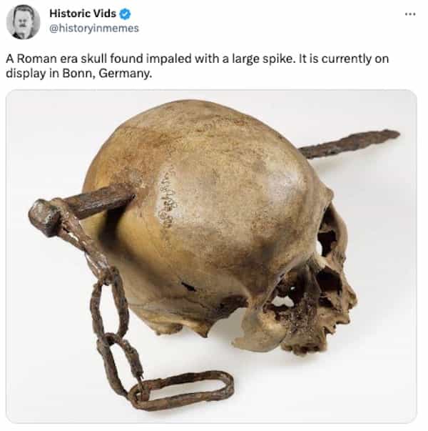 A Roman era skull found impaled with a large spike. It is currently on display in Bonn, Germany.