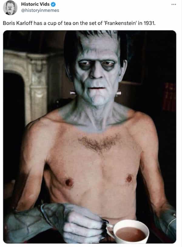 Boris Karloff has a cup of tea on the set of 'Frankenstein' in 1931.