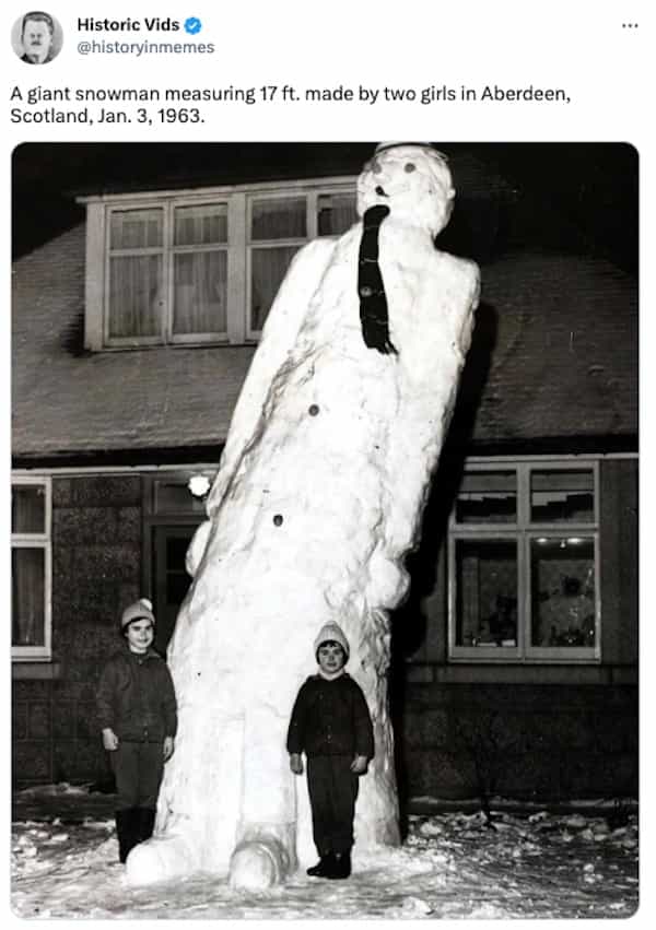 A giant snowman measuring 17 ft. made by two girls in Aberdeen, Scotland, Jan. 3, 1963.
