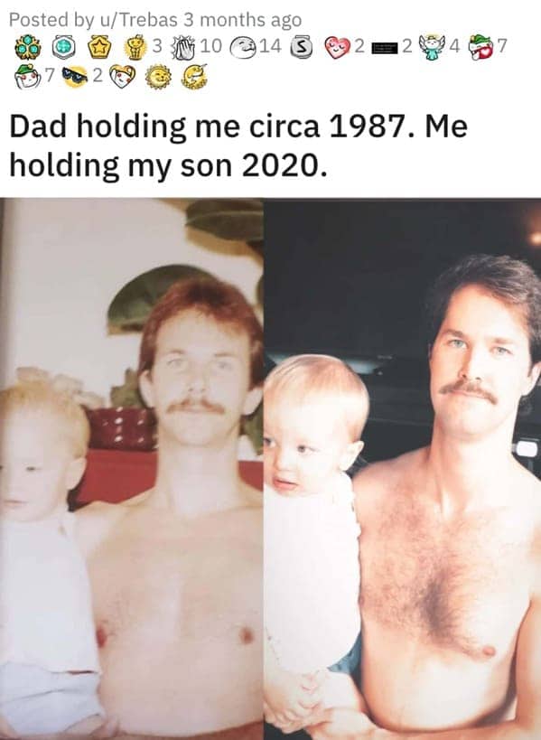 Dad holding son in 1987 compared to the son holding his own child in 2020.