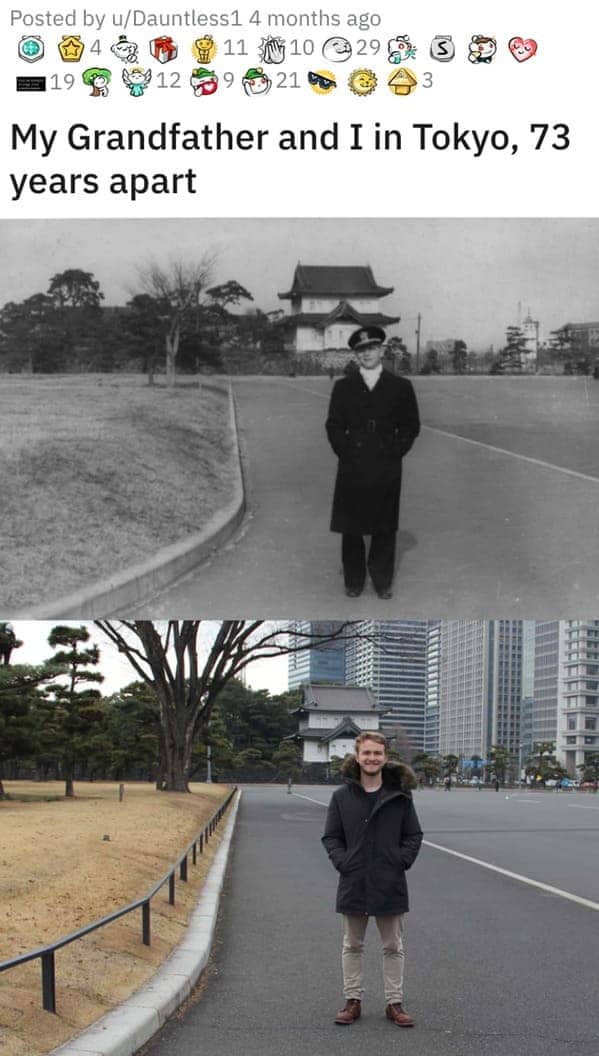 Grandfather in 1945 and grandson in 2018 standing in the same Tokyo location years apart.