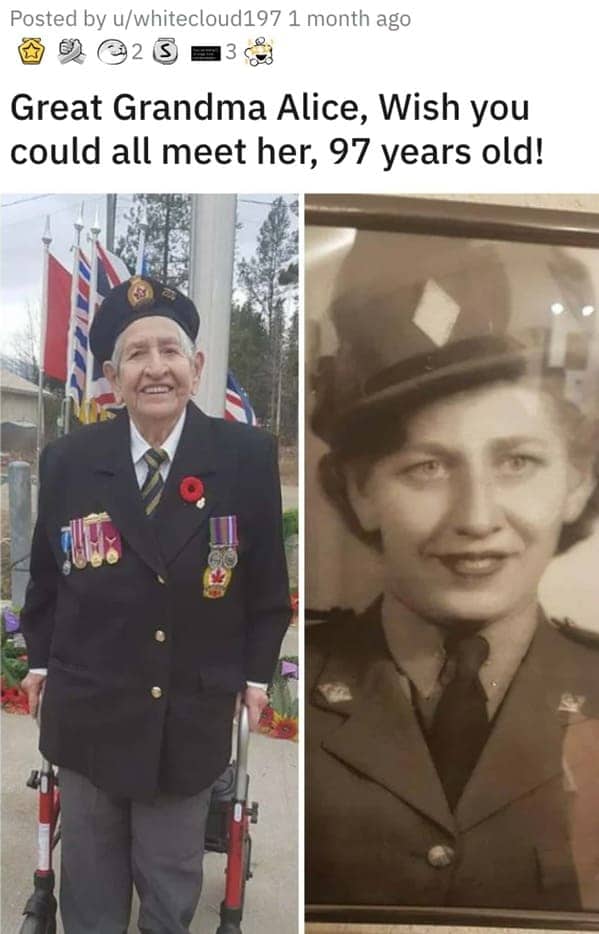 Side-by-side portraits of Great Grandma Alice in military uniform and at age 97 with medals.
