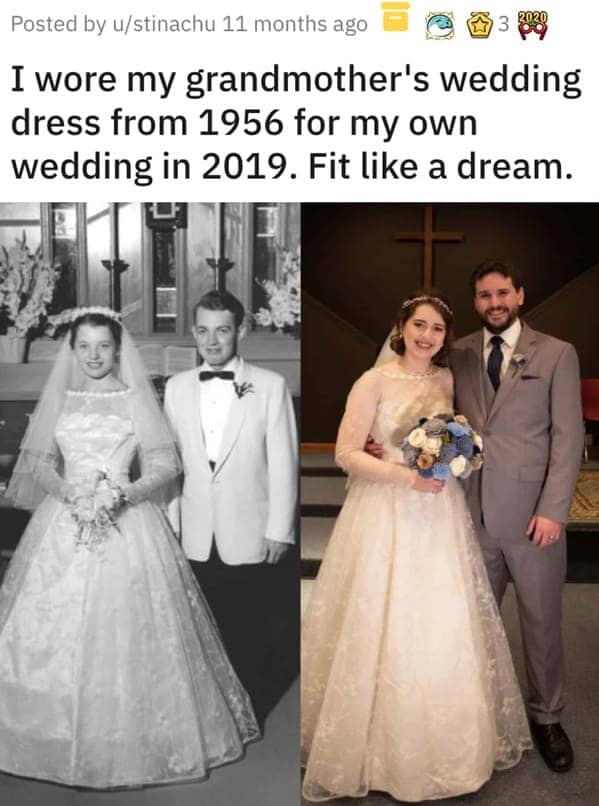 Bride in 2019 wearing her grandmother's original 1956 wedding dress for her own ceremony.