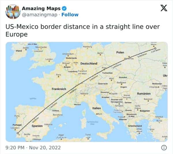 An interesting map overlaying the length of the US Mexico border across Europe from Portugal to Russia