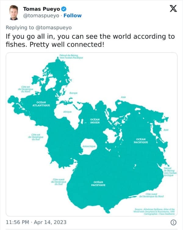 An interesting map using the Spilhaus projection to show the world oceans as one connected body.