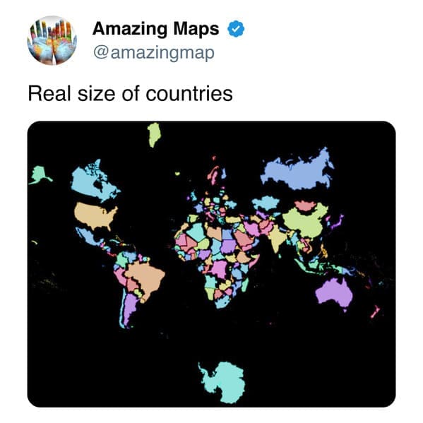 Breaking down the distortions of the Mercator projection, this amazing map displays the "real size" of countries, showing that landmasses like Africa and South America are far larger than typically depicted relative to Europe and Greenland.