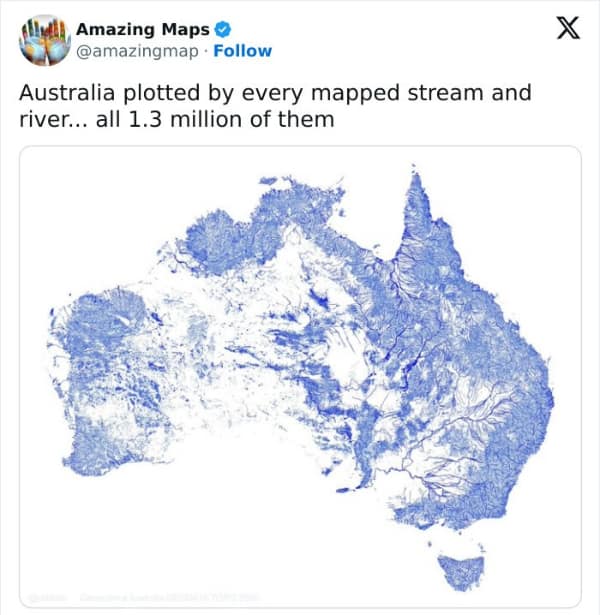 An interesting map of Australia created solely by plotting every stream and river in blue.