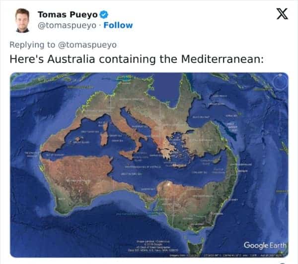 An interesting map overlaying the entire Mediterranean Sea inside the borders of Australia.