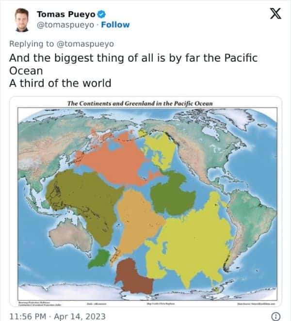 An interesting map view centered on the Pacific Ocean showing it covers one third of the planet.