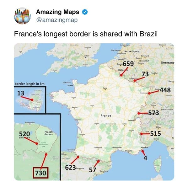 interesting map of France's international borders that reveals a surprising trivia fact: France's longest land border is not in Europe, but is the 730 km stretch shared with Brazil in French Guiana.