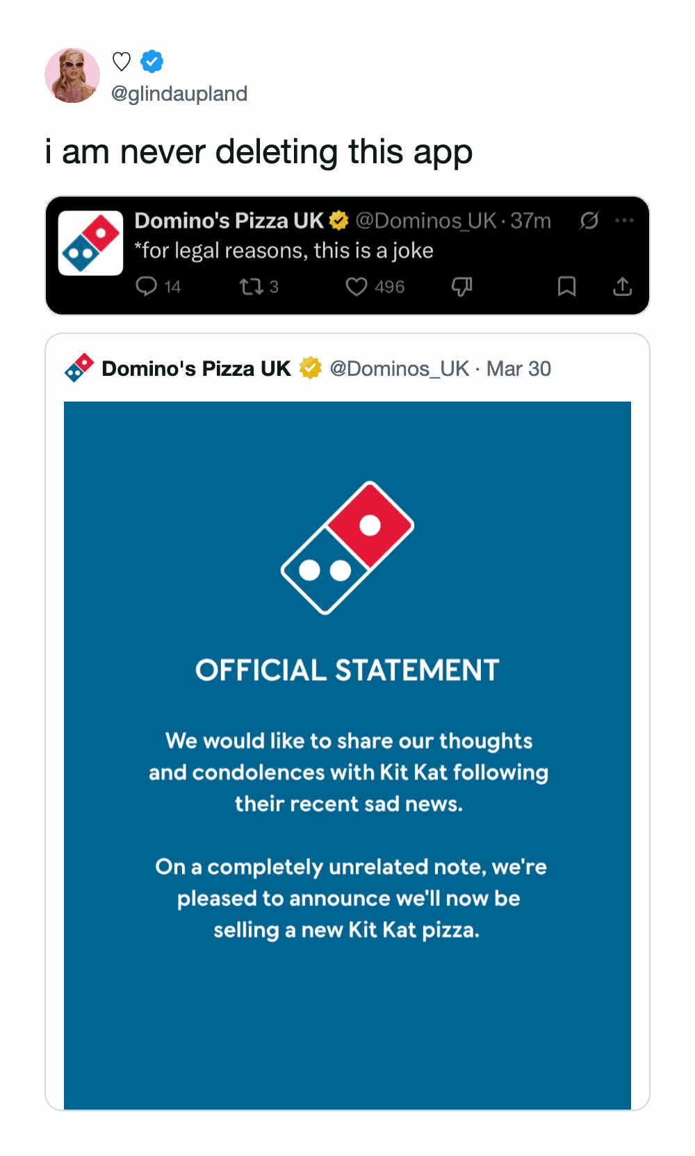 KitKat heist meme screenshot of @glindaupland reacting to the official Domino's Pizza UK parody post. The user claims they are "never deleting this app" because of the brand's bold joke about launching a Kit Kat pizza immediately following the 12-ton theft.