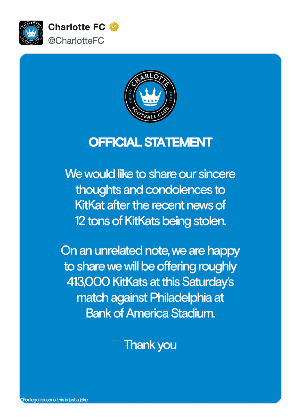 A sports-themed KitKat heist meme appearing as an official statement from Charlotte FC. The post expresses "sincere thoughts" regarding the 12-ton theft, followed by an announcement that they will be giving away exactly 413,000 KitKats at their next stadium match.