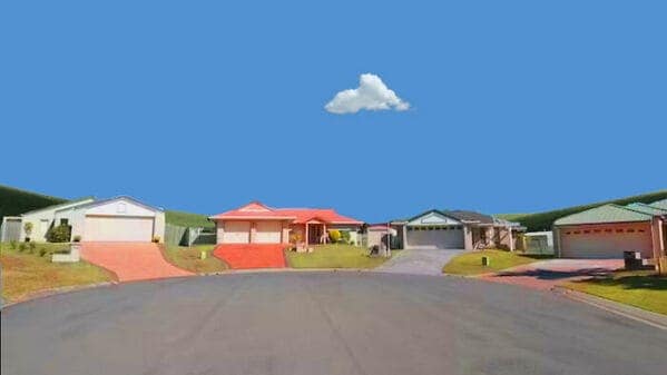 A liminal space creepy suburban street with fake looking houses and a single cloud.